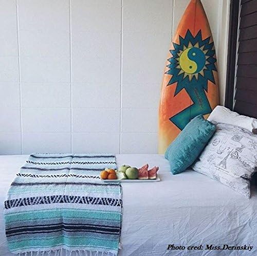 Del Mex Classic Mexican Blanket Large Authentic Woven Falsa Throw (70x50) Artisan Southwest Décor for Beach Yoga Outdoors (Mint/Gray)