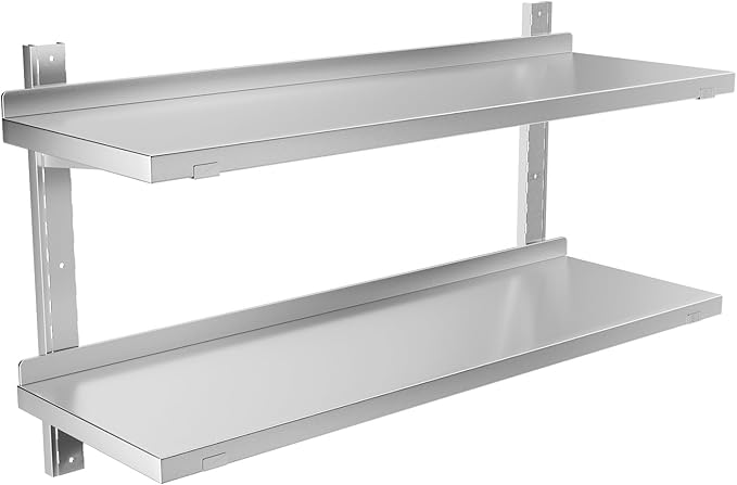Stainless Steel Shelf 39.4 x 12.6 Commercial Floating Wall Shelf with Brackets 110Lbs Capacity Adjustable Double-Layer Metal Heavy Duty Storage Rack for Restaurant Kitchen Bar Home Hotel