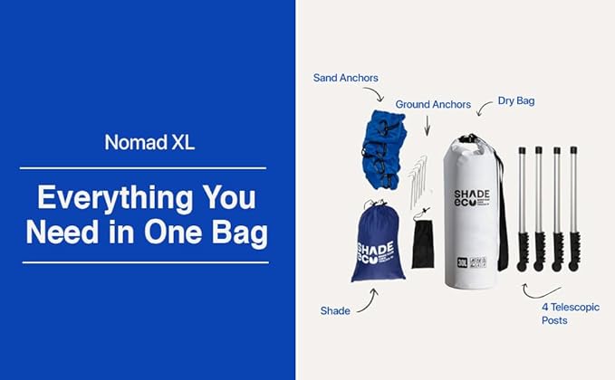 Nomad XL Beach Shade Tent with Shoulder Bag - Easy Setup UPF50+ Portable Sunshade Canopy for Sand or Grass Wind Resistant - Summer Vacation Essentials - Plus Dry Bag - 15x8.5 ft 4-Posts