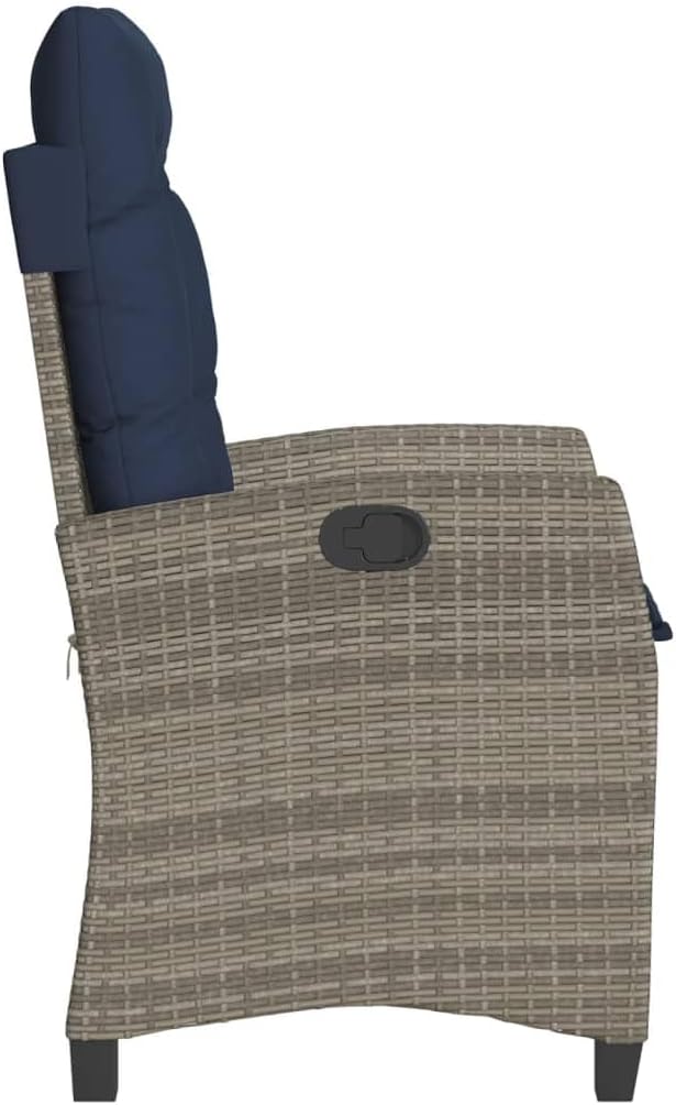 2-Piece Reclining Garden Chair Set with Adjustable Armrests Grey Poly Rattan and Navy Blue Cushions for Patio Outdoor Lounge Furniture with Durable Weather-Resistant