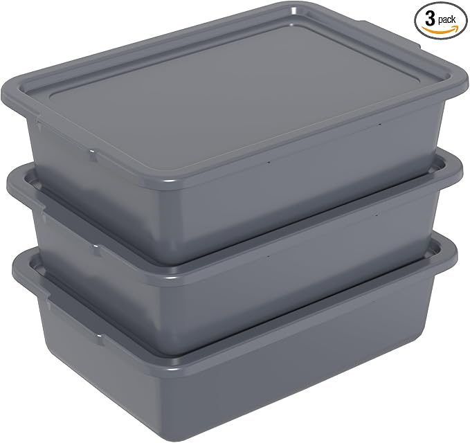13 L Plastic Commercial Bus Box with Lid 3-Pack Restaurant Bus Bins Grey