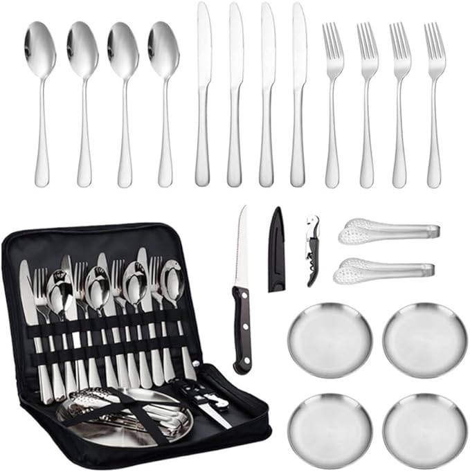 20 Pcs Camping Mess Kit Stainless Steel Outdoor Travel Kitchen Tableware Dinnerware Set for Hiking Camp BBQSilver