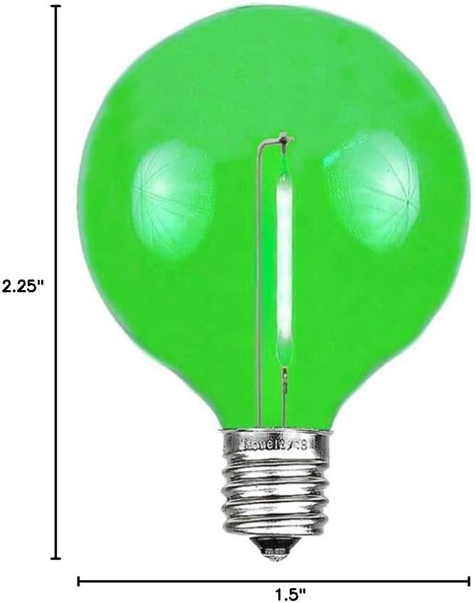 Novelty Lights 25 Pack Green G40 LED Filament String Light Bulbs E12/C7 Candelabra Base 5 Watt Equivalent Shatterproof Replacement Bulbs for Patios Canopy Lighting