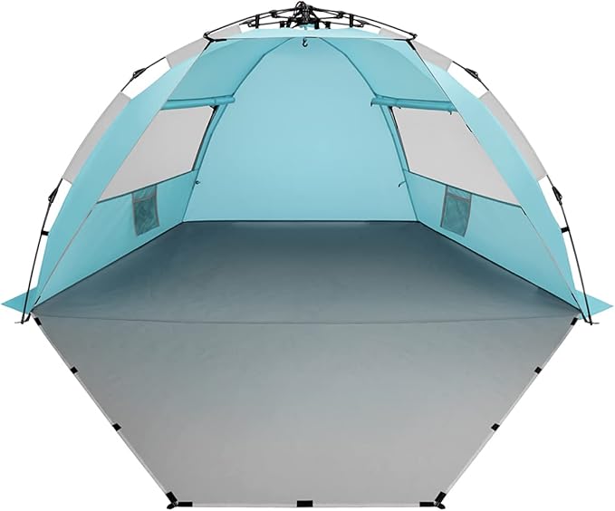 Oileus X-Large 4 Person Beach Tent Sun Shelter - Portable Sun Shade Instant Tent for Beach with Carrying Bag Stakes 6 Sand Pockets Anti UV for Fishing Hiking Camping Waterproof Windproof Sky Blue