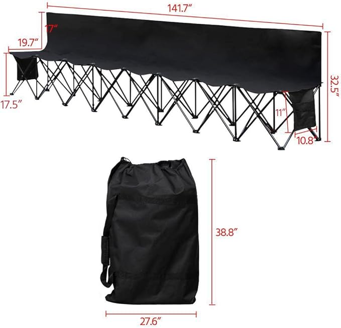 Yaheetech Portable &amp Folding 8 Seats Sports Bench Outdoor Sits Team Sideline Soccer Bench Waterproof w/Side Bag - Black