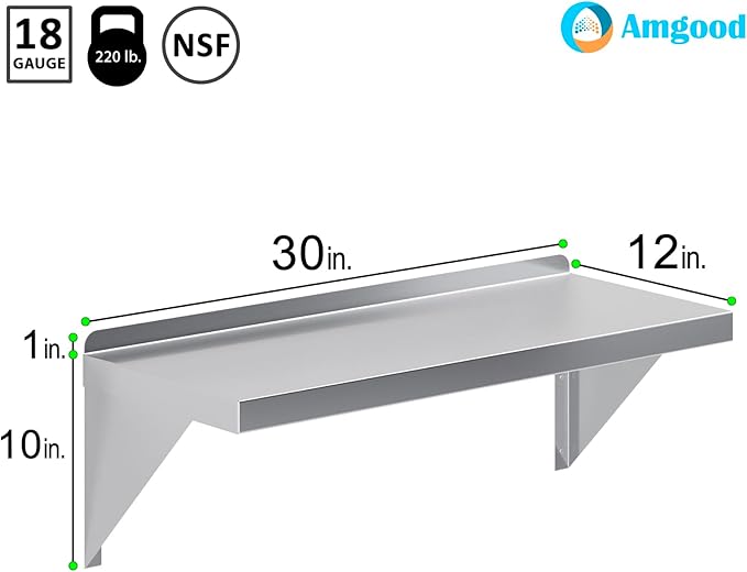 AmGood 12 x 30 Stainless Steel Wall Shelf | Appliance &amp Equipment Metal Shelving | Kitchen Restaurant Garage Laundry Utility Room | Heavy Duty | Squared Edge | NSF Certified