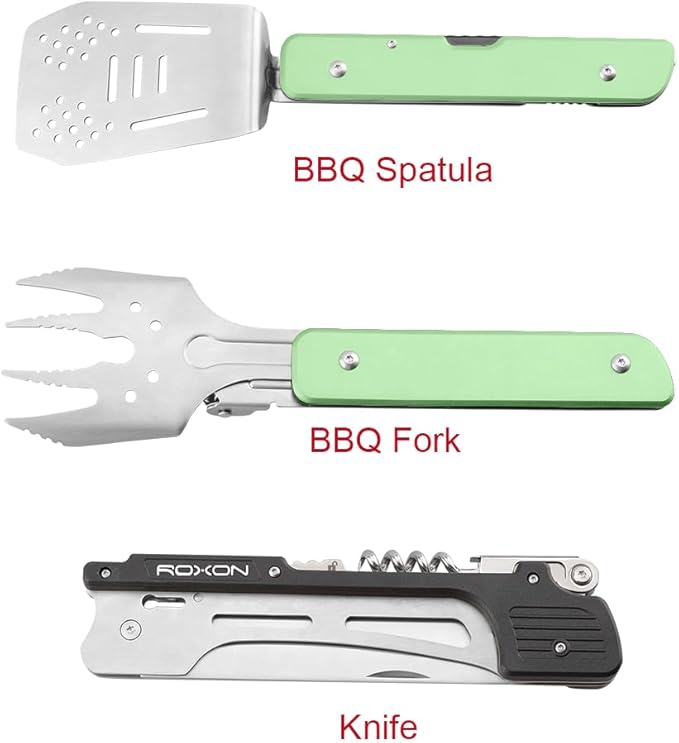 ROXON S601 14 6 in 1 MBT3 Folding Grill Utensils Set Fork Spatula Grilling Knife Tongs Opener for Backyard Barbecue and Camping(Green)
