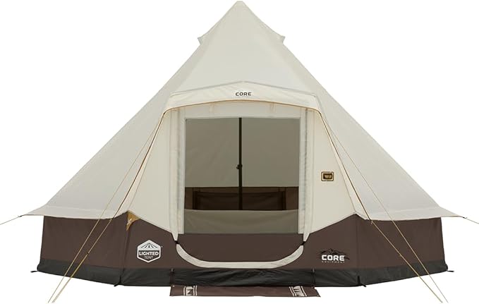 CORE 6 Person Bell Tent with LED Lights | Spacious Family Lighted Tent with Carry Bag for Camping Glamping and Backyard Adventures