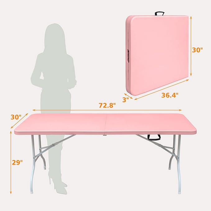 6ft Pink Folding Table Portable Plastic Table for Camping Picnics Parties High Load Bearing Foldable Table