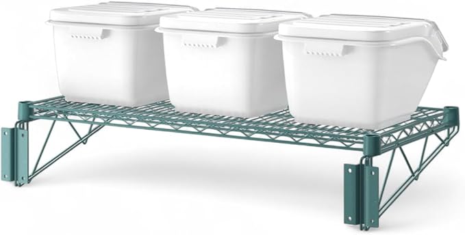 18 x 36 Green Wall-Mounted Wire Shelf Kit with Clip-in Ingredient Storage Bins Heavy-Duty Steel Rack Supports up to 600 lb Flip-Top Lids Open-Wire Design for Kitchen/Prep/Storage