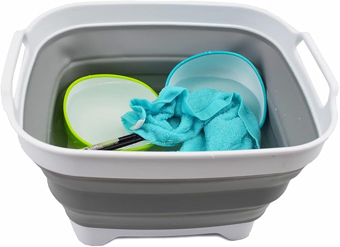 SAMMART 7.5L (2 Gallons) Collapsible Dishpan with Draining Plug - Foldable Washing Basin - Portable Dish Washing Tub - Space Saving y (Grey + Pearl Blush 2)