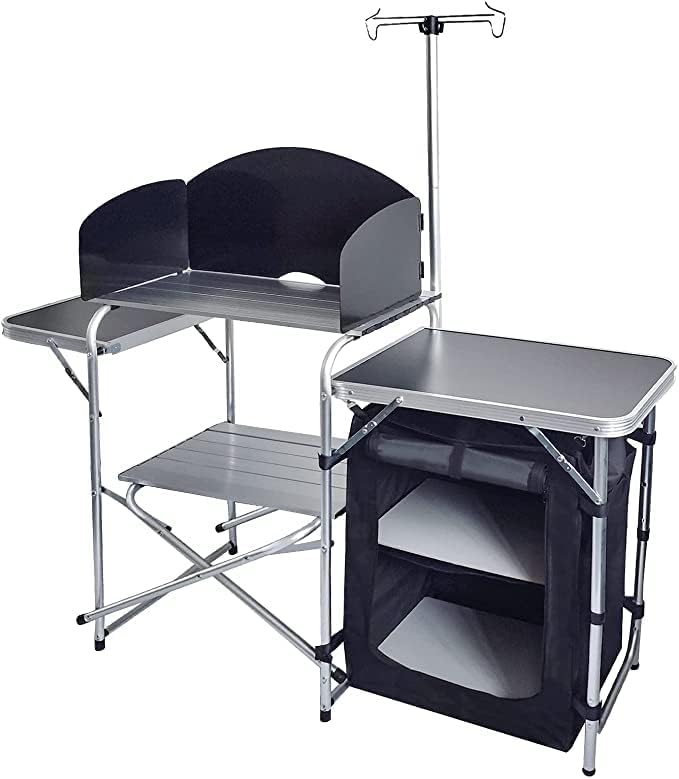 Folding Cooking Table Outdoor Portable Cook Station Aluminum Camping Kitchen with Storage Organizer Windscreen Hooks for BBQ Party (Black)