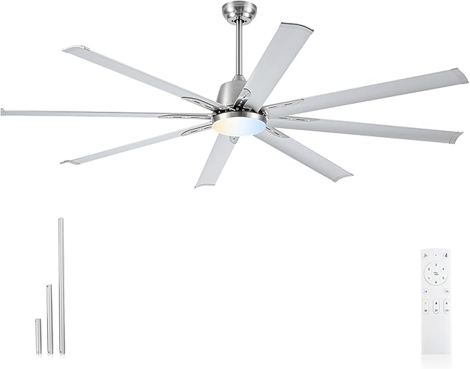 72 lnch lndustrial Celing Fan with Light and Remote ControlLarge Celing Fan with 8 Brushed Nickel Aluminum Blades6 Speed Noiseless DC MotorWet Rated Indoor Outdoor Ceiling Fans for PatioGarage