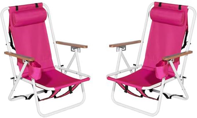 Beach Chairs for Adults 2 PackPortable Folding Backpack Beach Chair with Headrest Cup Holder and Wooden ArmrestsCup Holder for Outdoor/Lawn/PicnicFoldable Camping Chair (Red-2Set)