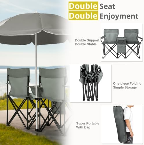 Camping Chairs Folding Double Chair with Removable Umbrella Cup Holders Cooler Bag Side Pocket &amp Carry Bag for Beach Outdoor Sports Concerts Travel Picnic