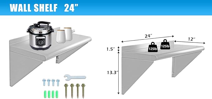 12''x24'' - 2PACKS Wall Mounted Stainless Steel Shelf NSF Commercial Metal Wall Mount Floating Shelving for Kitchen Restaurant Food TruckGarageHome&ampHotel