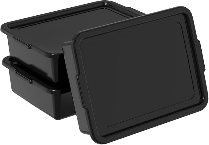 3 Packs 13 Liter Plastic Restaurant Commercial Bus Tub Boxes with Lids Black Wash Bins Dish Pan
