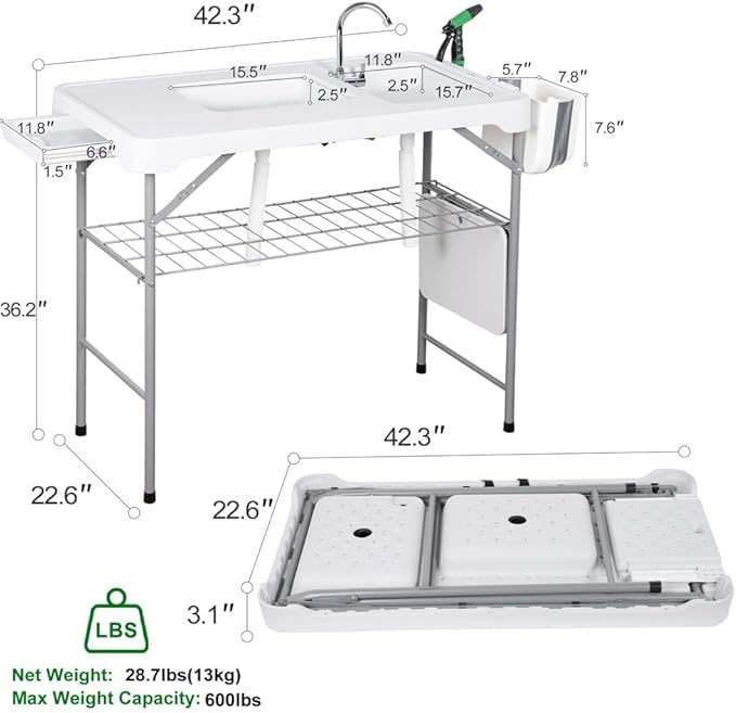 Heavy Duty Portable Folding Fish Cleaning Table with Dual Collapsible Washbasins Collapsible Faucet Sprayer Drainage Hose Grid Rack &amp Storage Box – Outdoor Camping Picnic Washbasin Station Du