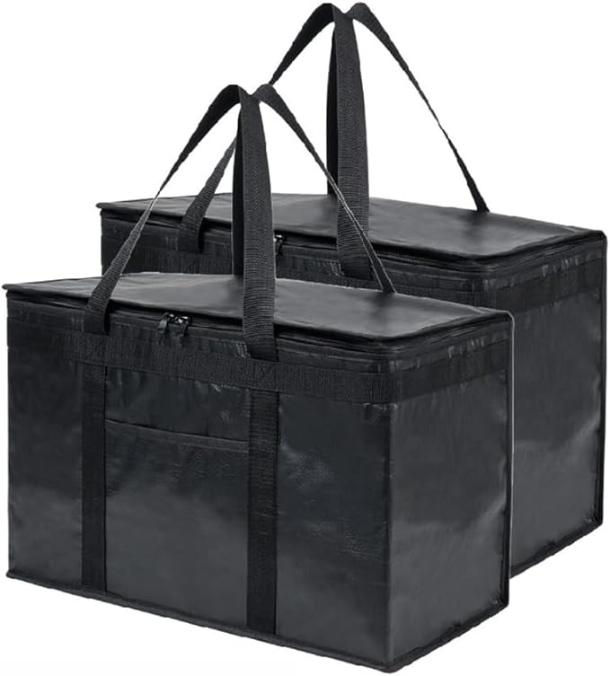 NZ home Insulated Bags for Food Delivery (2XL PRO) Grocery Shopping Cooler Bag Pizza Delivery Hot &amp Cold Catering Tote Reusable Foldable &amp Heavy Duty (2 Pack Black)