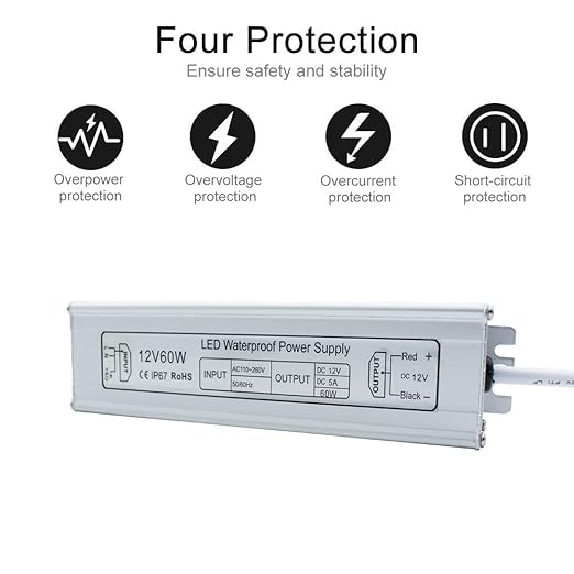 inShareplus LED Power Supply 60W IP67 Waterproof Outdoor DriverAC 110-260V to DC 12V 5A Low Voltage Transformer Adapter with 3-Prong Plug for LED Light Computer Project Outdoor Use
