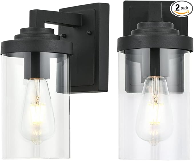 Outdoor Indoor Wall Sconce Set of 2 Modern Exterior Wall Lantern with Clear Glass Black Outside Lighting Wall Mount for Porch Patio Bathroom Vanity