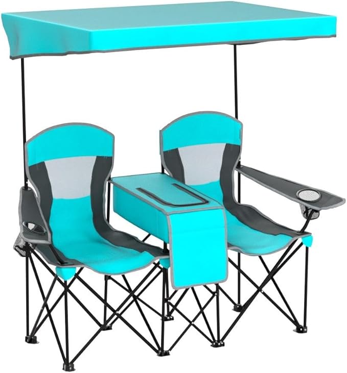 S AFSTAR Double Camping Chair w/Shade Canopy 2-Person Folding Camp and Beach Chair with Mini Table Beverage Cup Holder Carrying Bag Collapsible Camping Chairs for Garden Patio Pool Beach