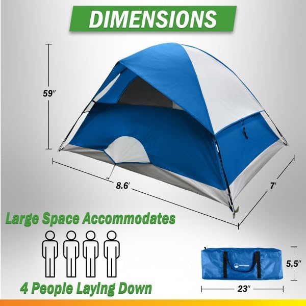 4 Person Camping Tent with Rainfly and Carrying Bag - Easy Pop Up Family Tents for Camping Essentials Beach Hiking Backpacking Mountaineering and Camp Travel
