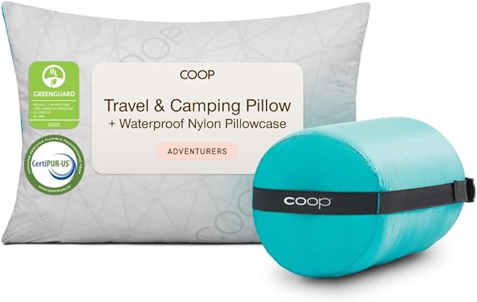 Coop Home Goods Original Adjustable Travel Pillow and Waterproof Pillow Protector Grey Bundle with Compressible Stuff Sack Medium-Firm Memory Foam and Washable Cover CertiPUR-US Certified (19x13)