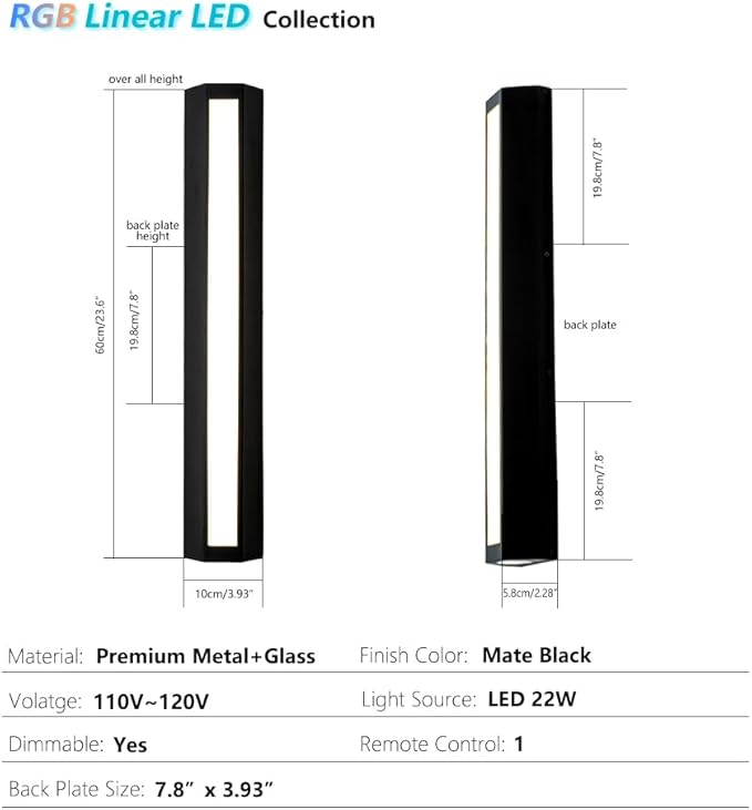 RGB Outdoor Wall Lights 23.6” LED Long Exterior Porch Sconce Lights Wall Mount Up and Down Patio Lighting Fixtures with Remote Control for House Garage 1 Pack