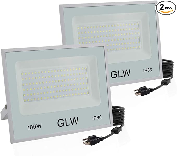 2 Pack 100W LED Flood Lights Outdoor10000LM Super Bright Work Light6000k Daylight White Floodlights with PlugIP66 Waterproof Exterior Security Lights for PlaygroundGarageYardBackyard