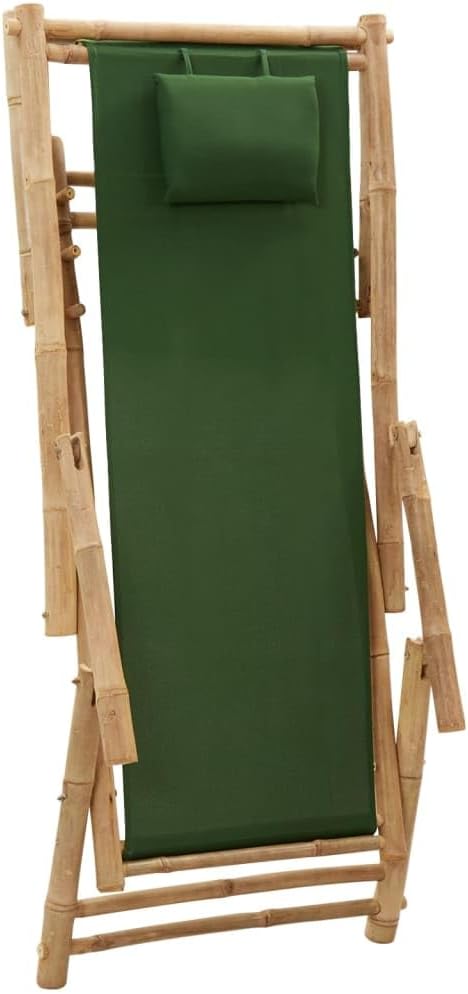 Green Bamboo Deck Chair Adjustable Recliner with Foldable Design for Patio Garden Beach Camping Sturdy Canvas Polyester Outdoor Lounge Chair for Relaxing