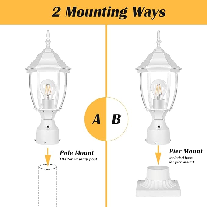 PARTPHONER Dusk to Dawn White Outdoor Post Light with Pier Mount Base Waterproof Pole Lantern Light Fixture Exterior Lamp Post Lantern Head with Clear Glass Panels for Garden Patio Pathway