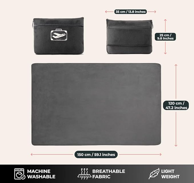 FlyHugz Grey Travel Blanket &amp Pillow Set (59.1x47.2) with Carry Case Luggage Sleeve &amp Clip – Portable Lightweight Breathable &amp Washable – Perfect for Plane Car Camping &amp Travel