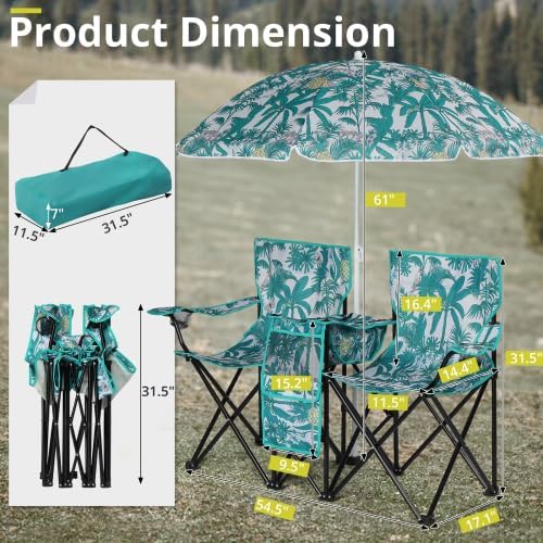 VINGLI Beach Chair with Umbrella for Adults Double Camping Chair with Canopy &amp Cooler Fold-Up Table Carrying Bag Folding Chair for Outdoor (Pineapple Pattern)