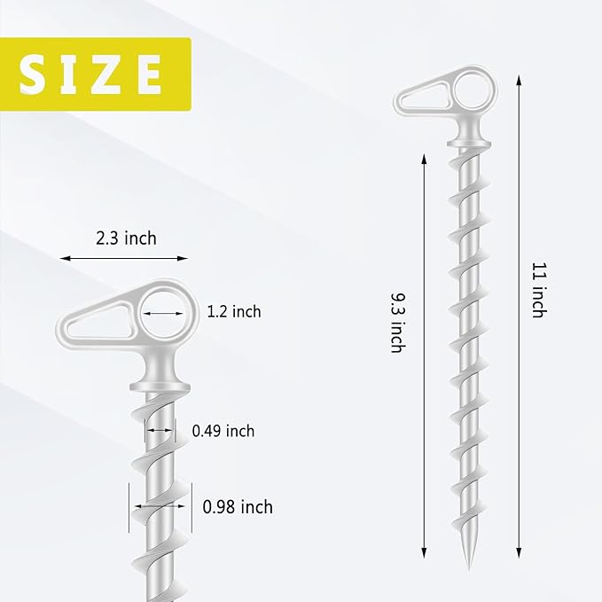 11 Aluminum Screw-in Ground Anchors - Heavy Duty Metal Non-Rust Spiral Tent Stakes for High Wind Grass Sand Camping Canopies Trampolines &amp Outdoor Securing