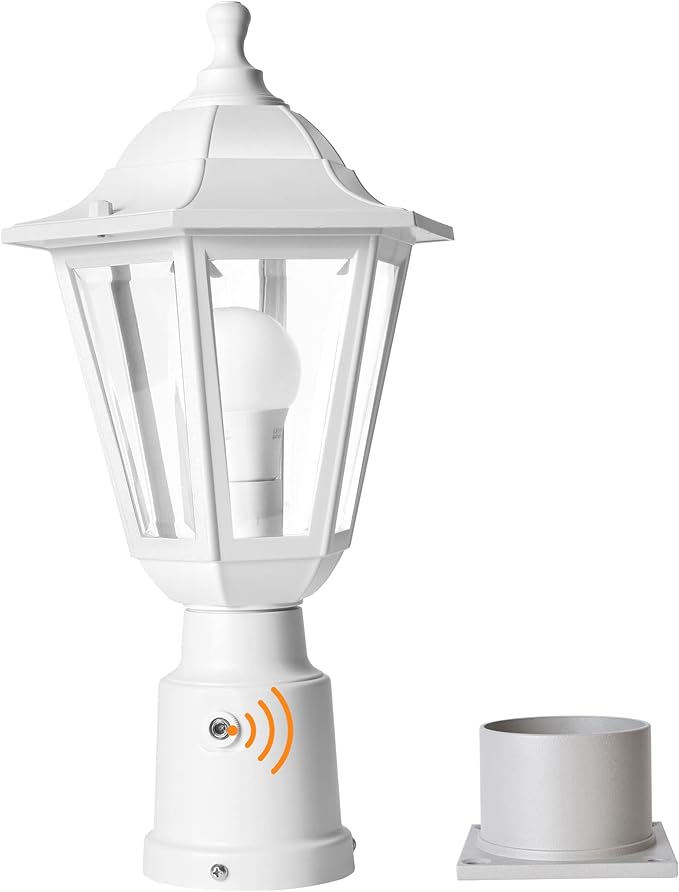 FUDESY Dusk to Dawn Outdoor Post Light White Modern Exterior Post Lantern with Pier Mount Base Plastic Waterproof Lamp Light Fixture for Garden Yard Patio Pathway LED Bulb Included
