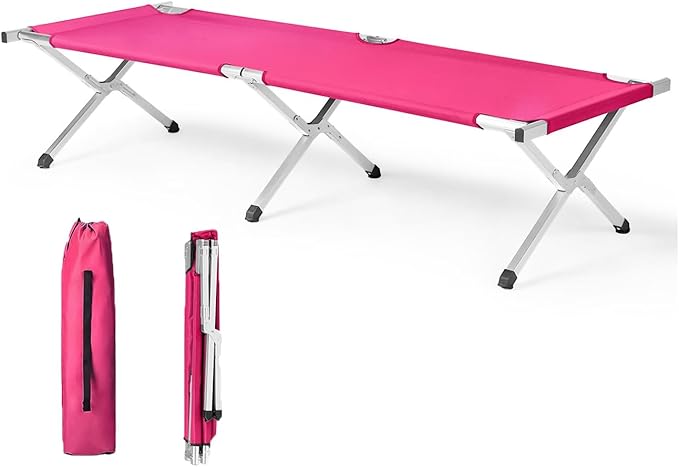 Vasitelan Outdoor Camping Cot Portable Folding Cots for Sleeping with Carry Bag Outdoor Camping Bed for Adults Support 275 Lbs (Pink)