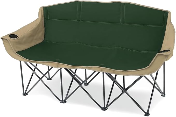 GoTEAM! Portable Folding Bench Couch – 3 Seat Collapsible Outdoor Chair with Cup Holders &amp Carry Bag – Heavy Duty 600D Nylon for Camping Sports Tailgating Beach &amp Backyard (Green/Beige)