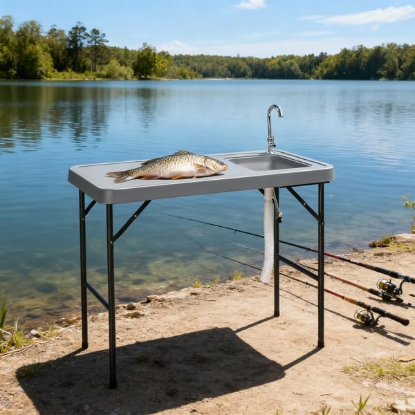 Gray Outdoor Utility Table for Cleaning Fish Deer Cleaning Station Wash Table for Garage Garden Fish Fillet Table Hunting Gear Camping Accessories Washing Tables Folding Table with Sink Faucet