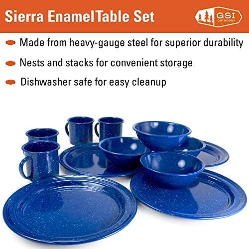 GSI Outdoors Sierra Enamel Table Set for Four with Bowls Plates and Cups for Camping