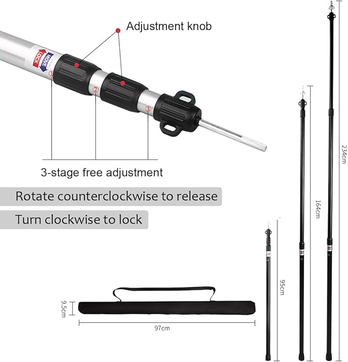 Tiandirenhe 2pcs Camping Tent Poles 95-234cm Telescoping Pole Adjustable Thicken Aluminum Alloy Tarp Poles Support Rods Beach Shelter Tarp Awning Pole for Hiking Camping Silver