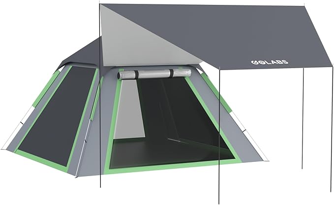 Golabs 3 Person Camping Tent w/ 9.5x8.5 ft Canopy 3-Minute Setup by Pre-Attached Pole PU1500mm Waterproof 4 Side Mesh Tent Top &amp Door &amp Ventilation Portable Family Tent w/Carry Bag &amp P