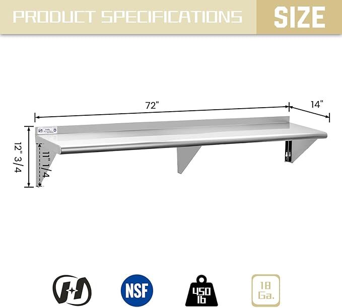 Hally Stainless Steel Shelf 14 x 72 Inches 450 lb Commercial Wall Mount Floating Shelving for Restaurant Kitchen Home and Hotel