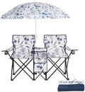 VINGLI Beach Chair with Umbrella for Adults Double Camping Chair with Canopy &amp Cooler Fold-Up Table Carrying Bag Folding Chair for Outdoor (Coconut Tree Patten)