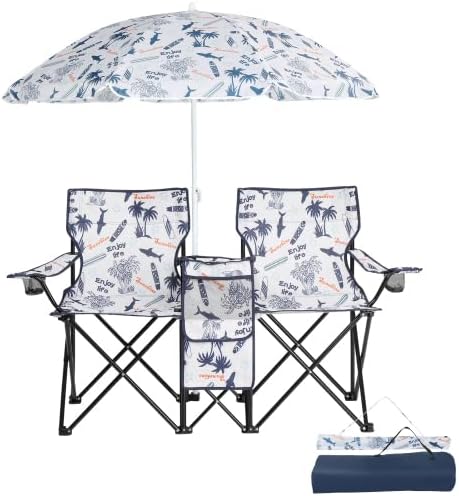 VINGLI Beach Chair with Umbrella for Adults Double Camping Chair with Canopy &amp Cooler Fold-Up Table Carrying Bag Folding Chair for Outdoor (Coconut Tree Patten)