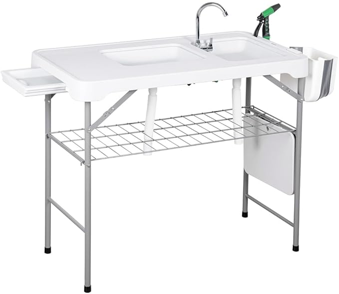 Heavy Duty Portable Folding Fish Cleaning Table with Dual Collapsible Washbasins Collapsible Faucet Sprayer Drainage Hose Grid Rack &amp Storage Box – Outdoor Camping Picnic Washbasin Station Du