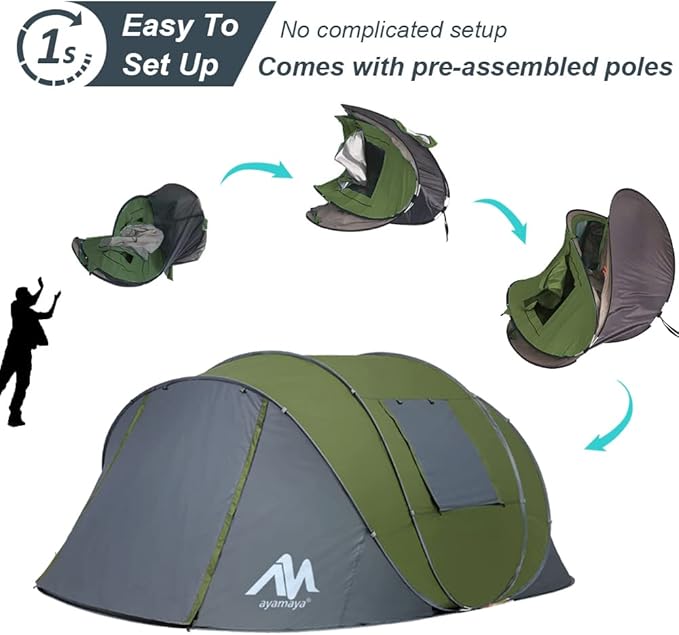 6 Person Easy Pop Up Tents for Camping - AYAMAYA Double Layer Waterproof Instant Tent with Vestibule &amp Porch Large Size Family Tent Automatic Setup for 4-6 People Camping Hiking (Poles Included)