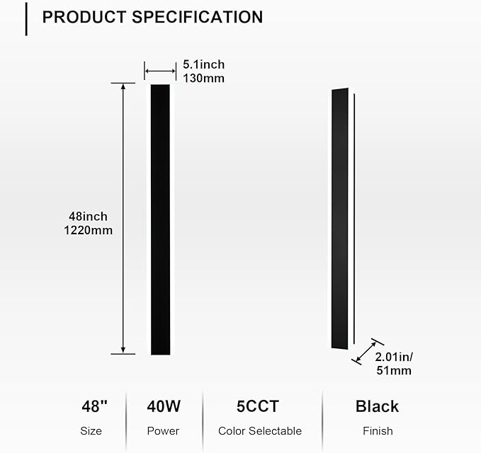 48-Inch Long Linear Outdoor LED Wall Sconce IP65 Waterproof Wall Lamp Entrance Lighting with Build-in Integrated LED &amp 5 Color Dimmable (3000K/3500K/4500K/5000K/6000K)