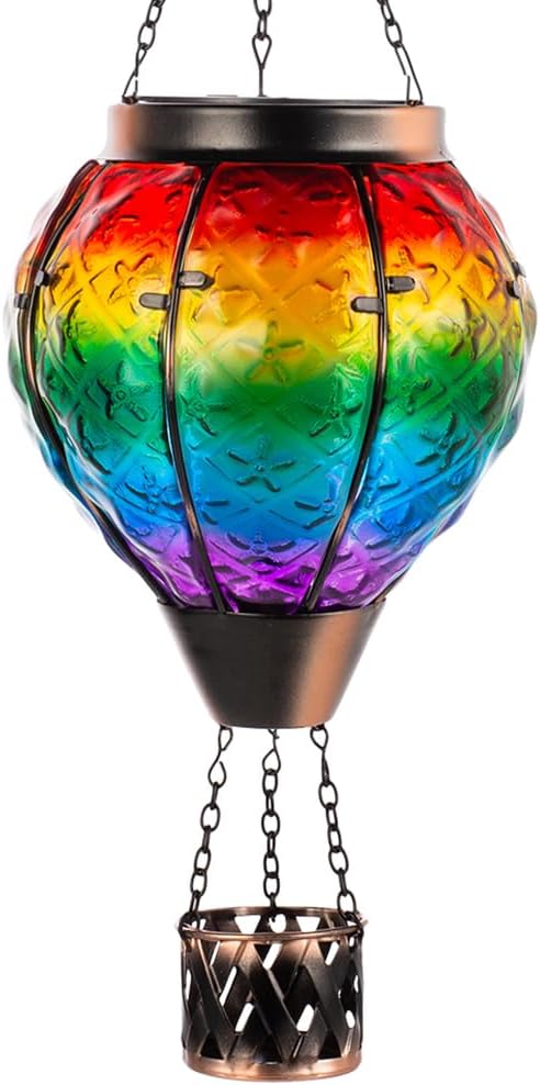 DREAMSOUL Rainbow Hot Air Balloon Solar Lantern Metal &amp Glass Solar Lantern with Flickering Flame Hanging Solar Lanterns Outdoor Waterproof for Lawn Patio Tree Decor
