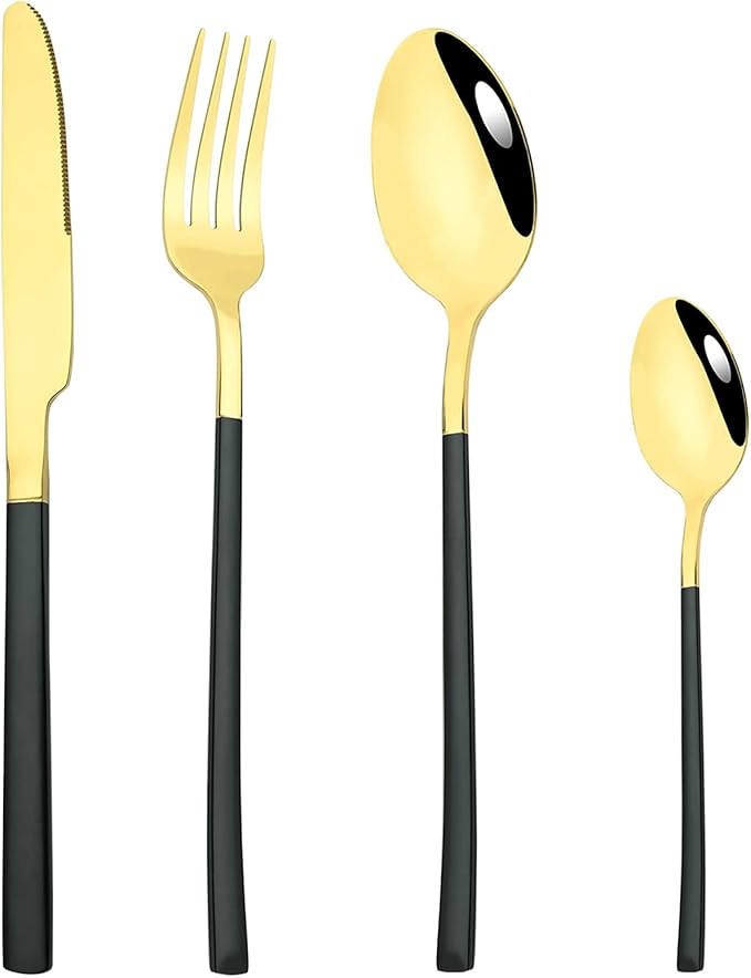 24 Piece Mirror Golden Plated 18/0 Stainless Steel Flatware Set Black Handle With Golden Mouth Silverware Set With Teaspoon Cutlery Set Service for 6